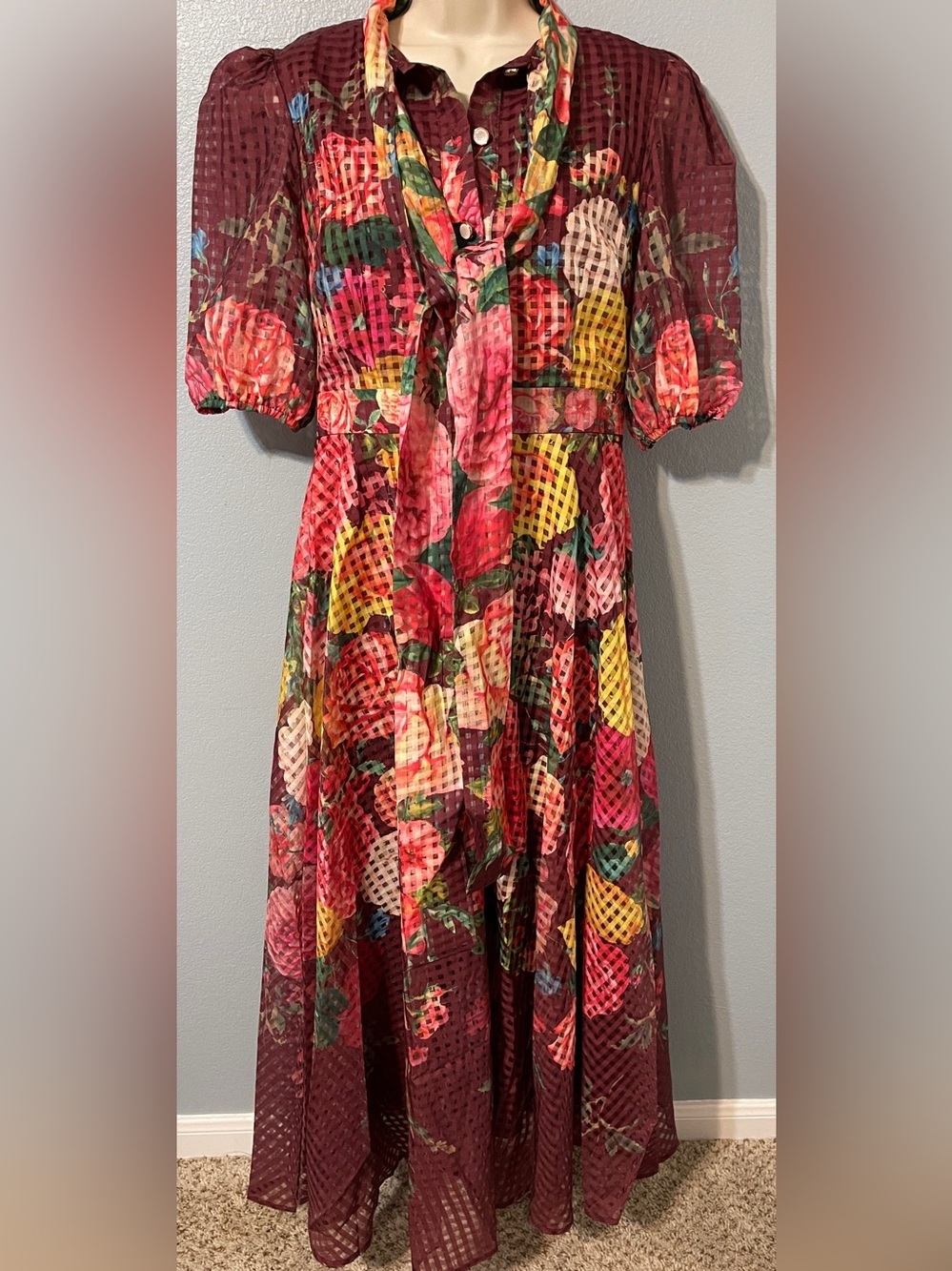 Dalia MacPhee Floral Tie-Neck Maxi Dress Balloon Sleeve Cottagecore NWT Medium